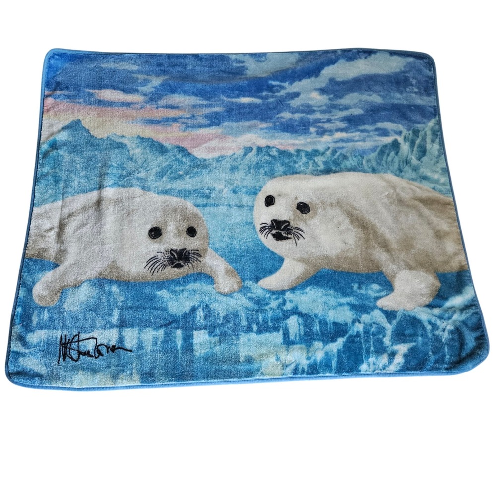 Arctic Harp Seal Pups Fleece Throw Blanket Blue White Nature Print 48x57